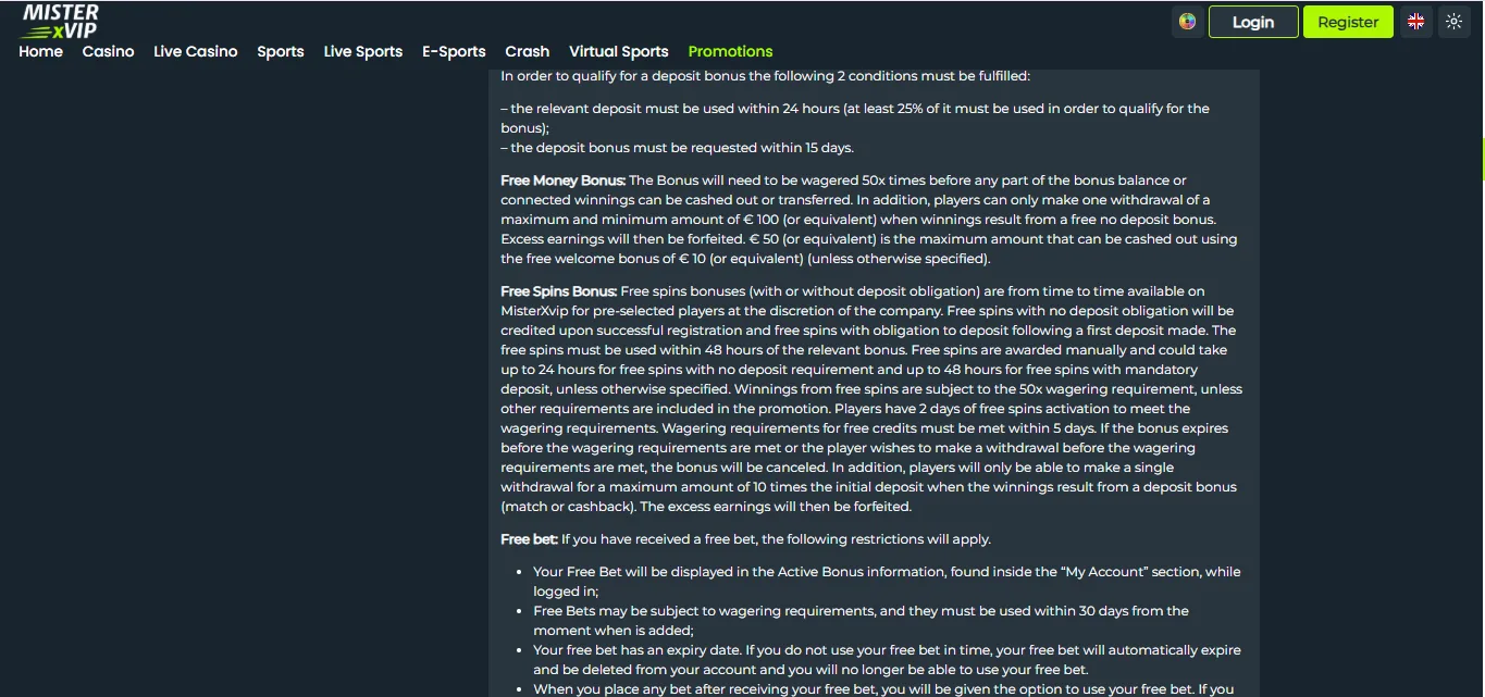 Screenshot of MisterXvip's bonus terms and wagering requirements