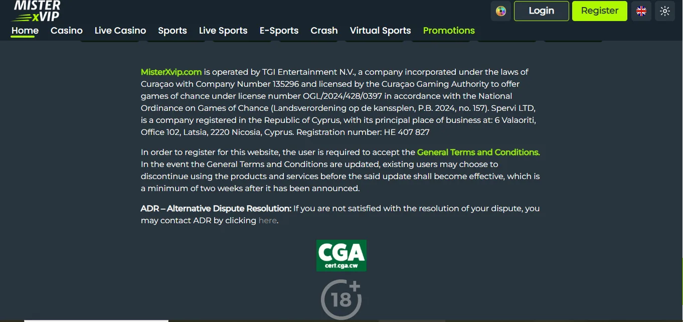 Screenshot of MisterXvip's footer licence and regulator details