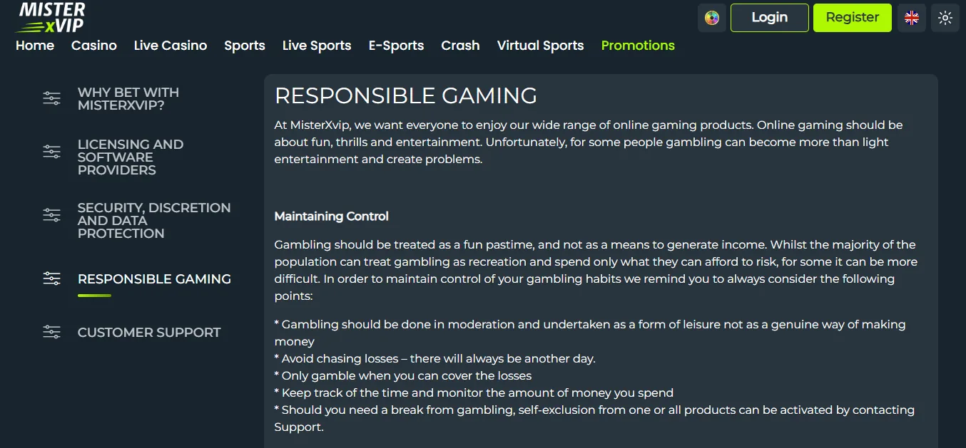 Screenshot of MisterXvip's responsible-gambling tools