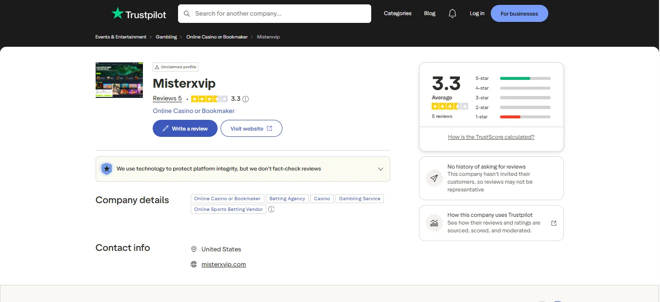 Screenshot of MisterXvip's Trustpilot rating overview