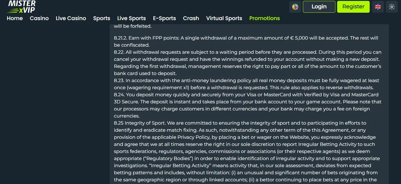 Screenshot of MisterXvip's withdrawal section and limits