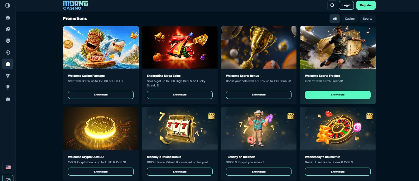 Screenshot of Moana Casino's welcome bonus offer
