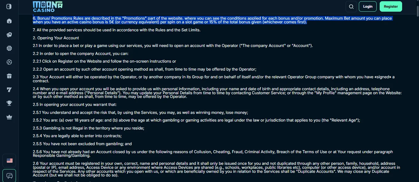 Screenshot of Moana Casino's bonus terms and wagering requirements