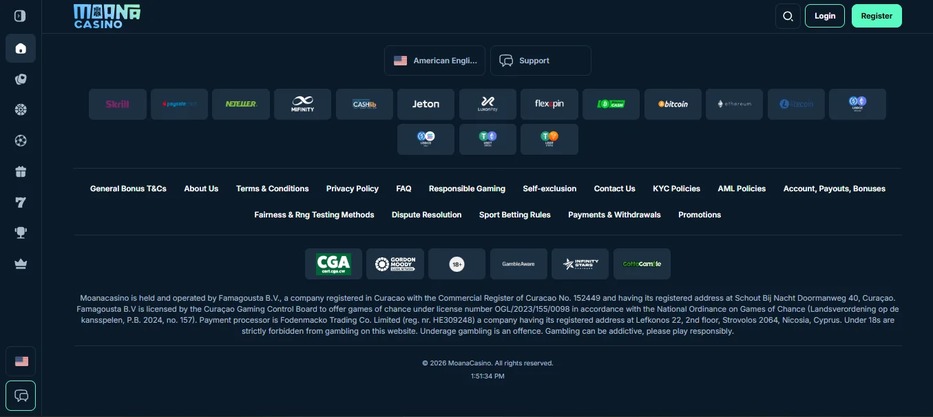Screenshot of Moana Casino's footer licence and regulator details