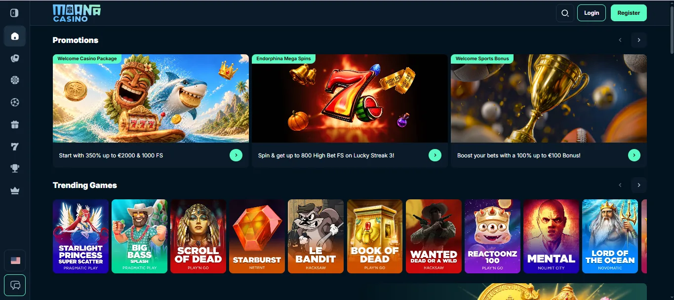 Screenshot of Moana Casino's homepage