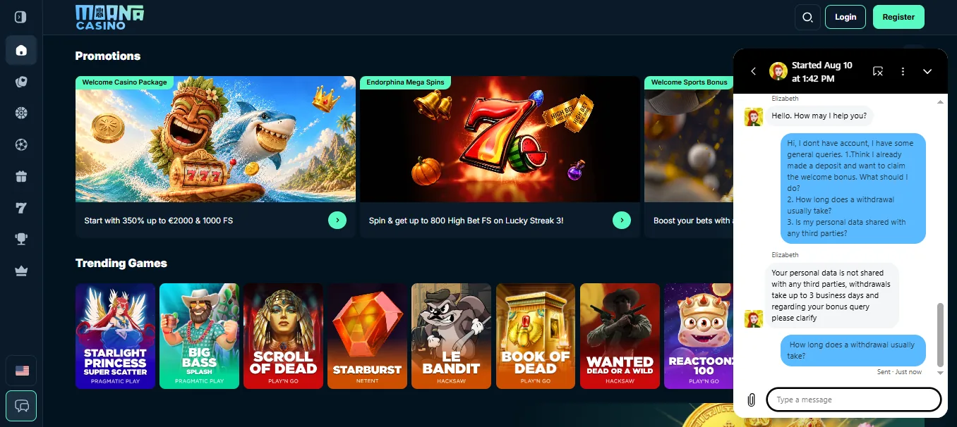 Screenshot of Moana Casino's live chat support window