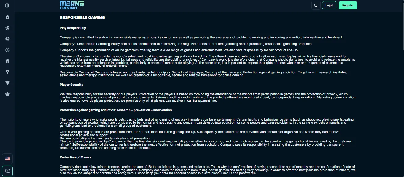 Screenshot of Moana Casino's responsible-gambling tools