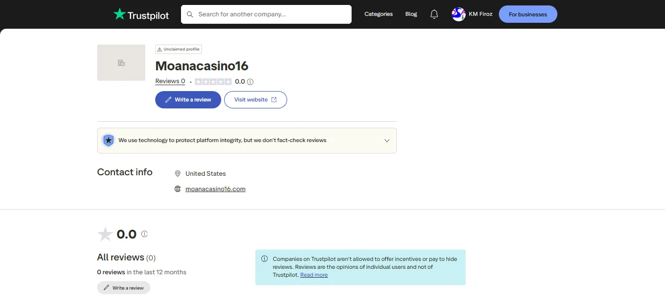 Screenshot of Moana Casino's Trustpilot rating overview