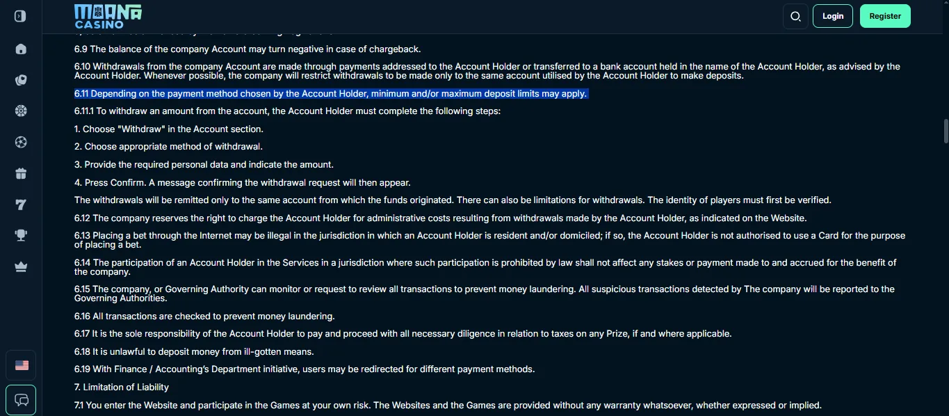 Screenshot of Moana Casino's withdrawal section and limits