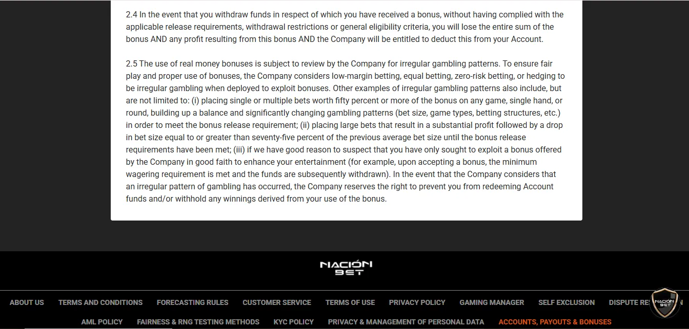 Screenshot of NacionBet's bonus terms and wagering requirements