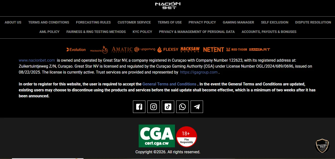 Screenshot of NacionBet's footer licence and regulator details