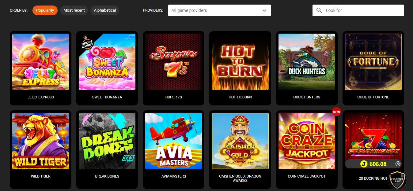 Screenshot of NacionBet's games lobby