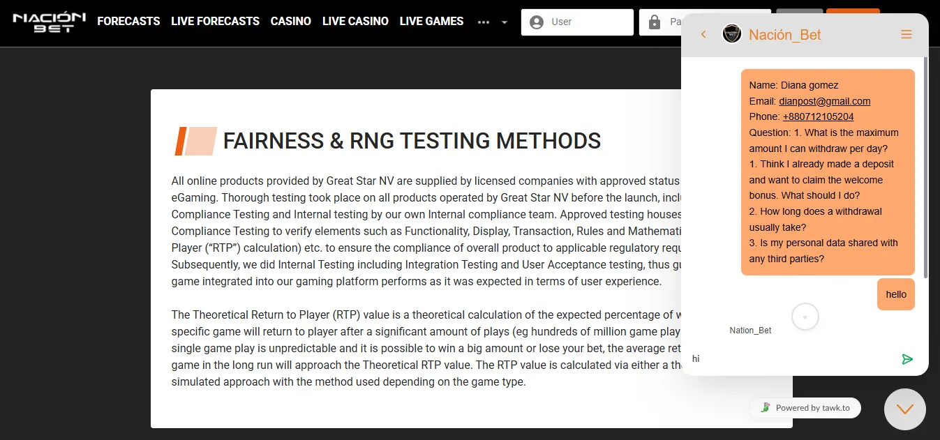 Screenshot of NacionBet's live chat support window