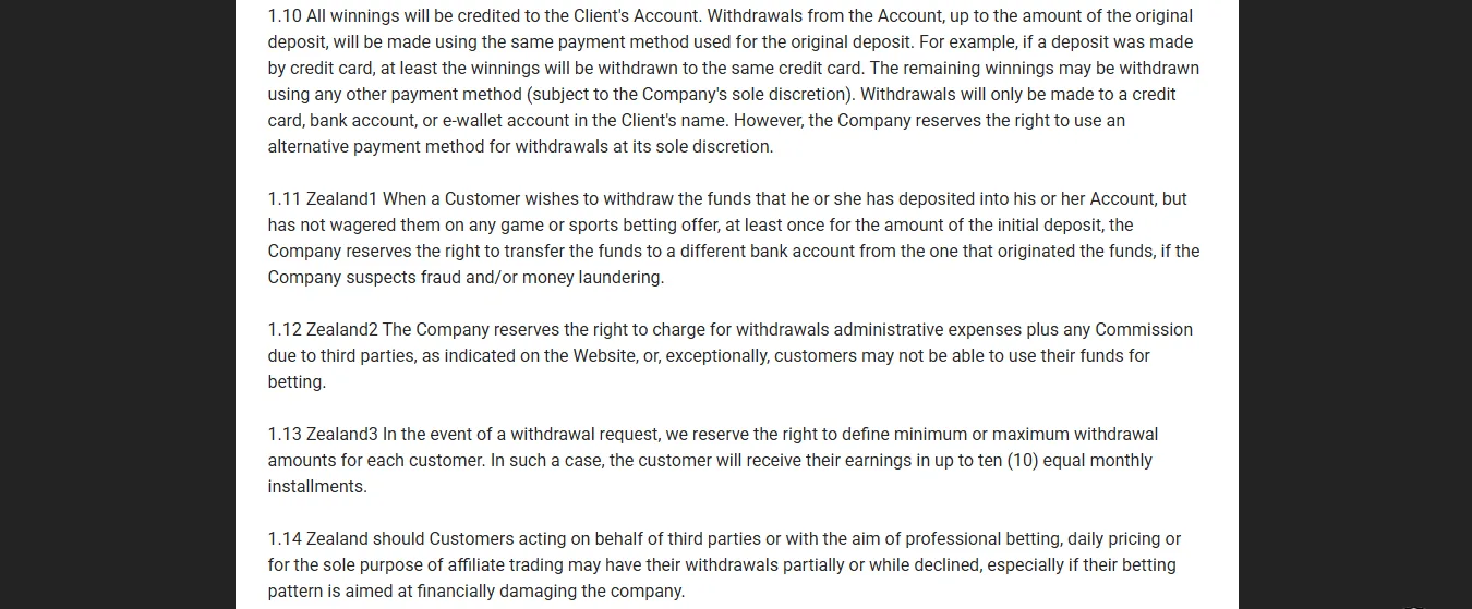 Screenshot of NacionBet's withdrawal section and limits