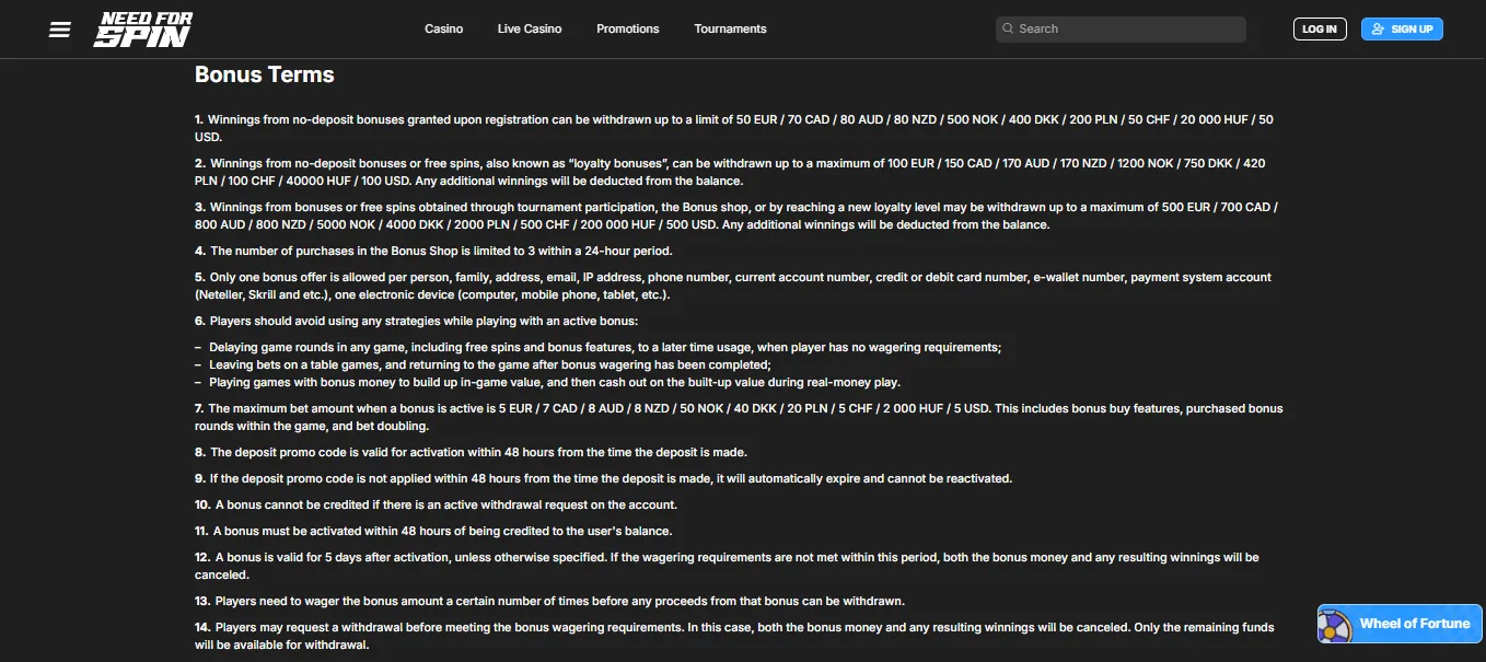 Screenshot of Need For Spin's bonus terms and wagering requirements