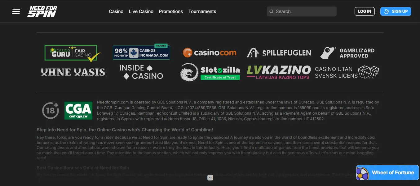 Screenshot of Need For Spin's footer licence and regulator details