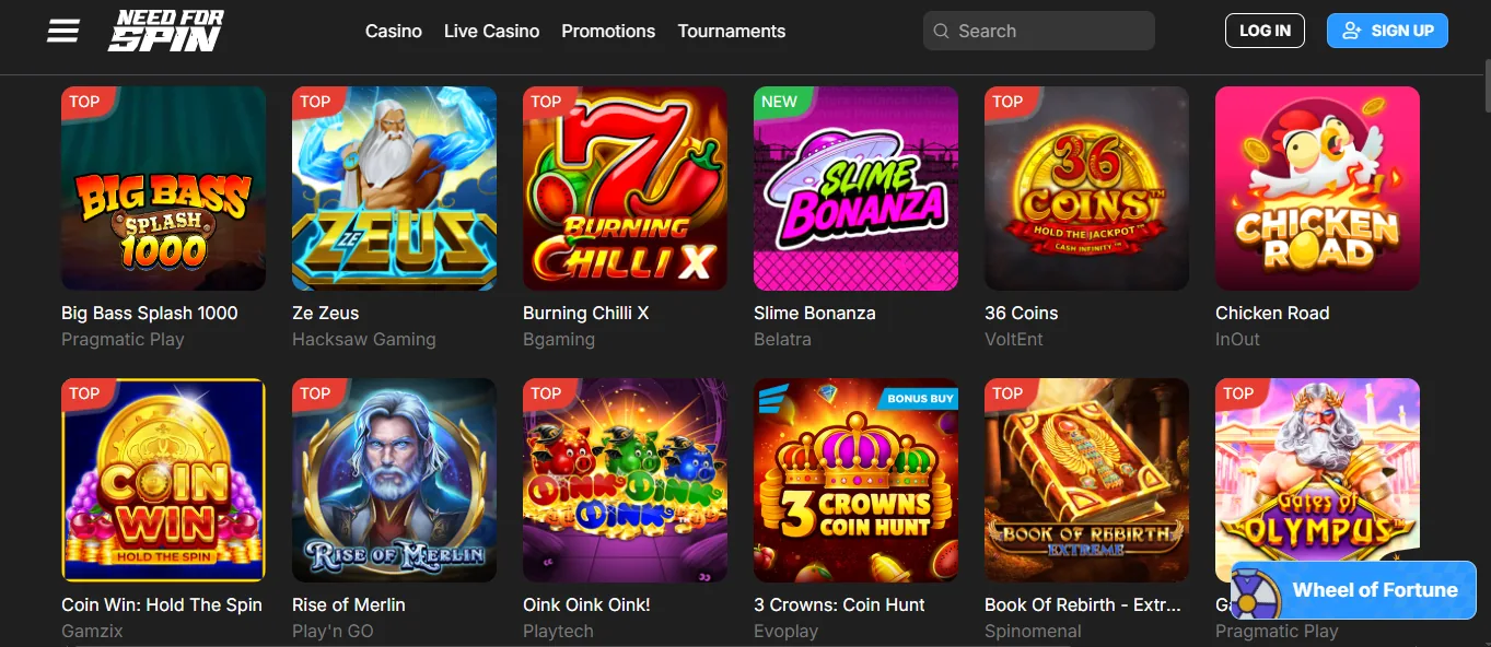 Screenshot of Need For Spin's games lobby