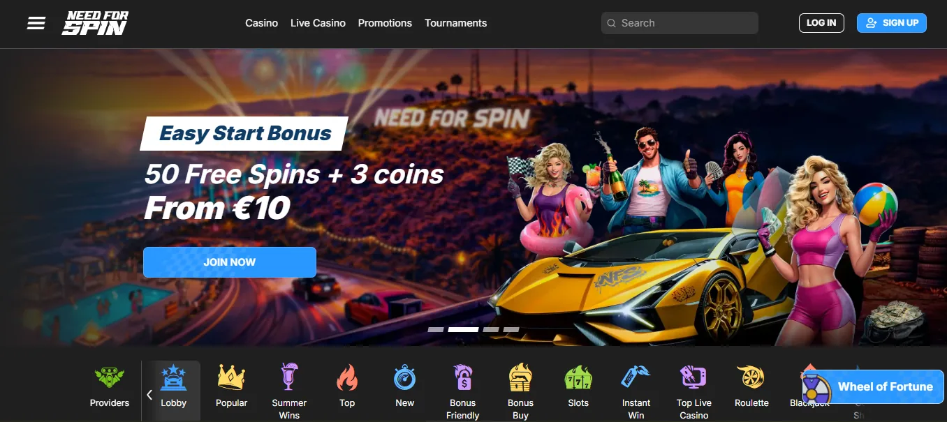 Screenshot of Need For Spin's homepage