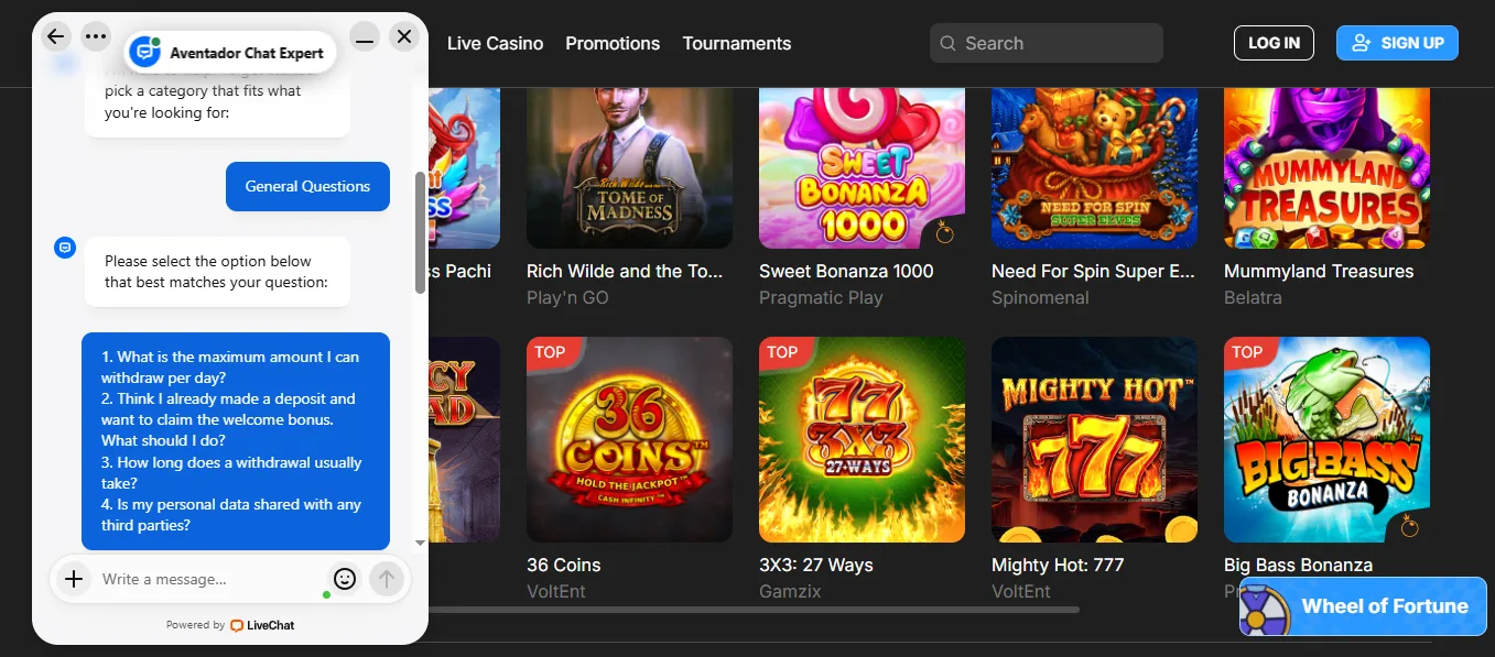 Screenshot of Need For Spin's live chat support window