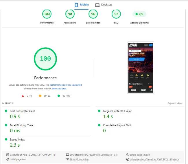 Screenshot of Need For Spin's mobile site