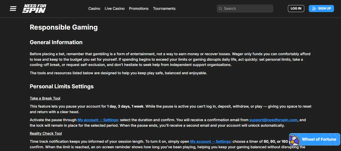 Screenshot of Need For Spin's responsible-gambling tools