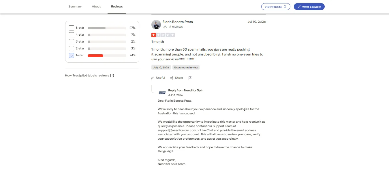 Screenshot of Need For Spin's negative Trustpilot review