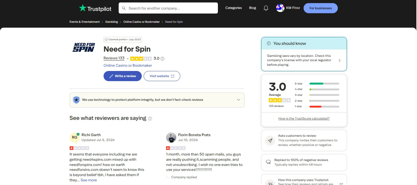 Screenshot of Need For Spin's Trustpilot rating overview
