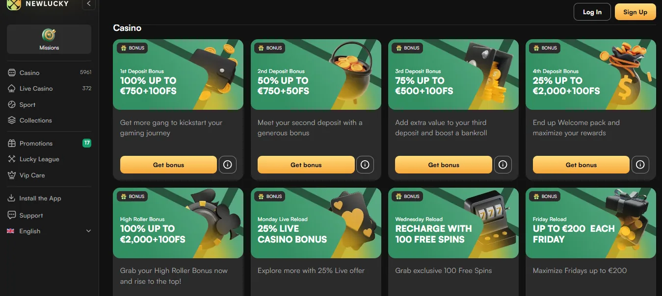 Screenshot of NewLucky Casino's welcome bonus offer