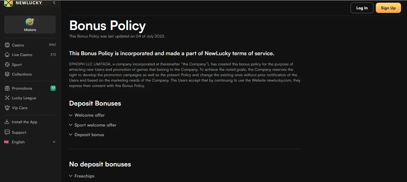 Screenshot of NewLucky Casino's bonus terms and wagering requirements