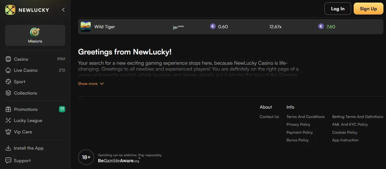 Screenshot of NewLucky Casino's footer licence and regulator details