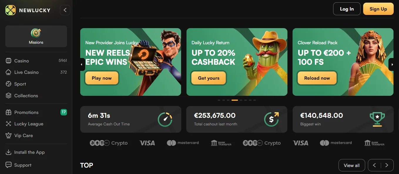 Screenshot of NewLucky Casino's homepage