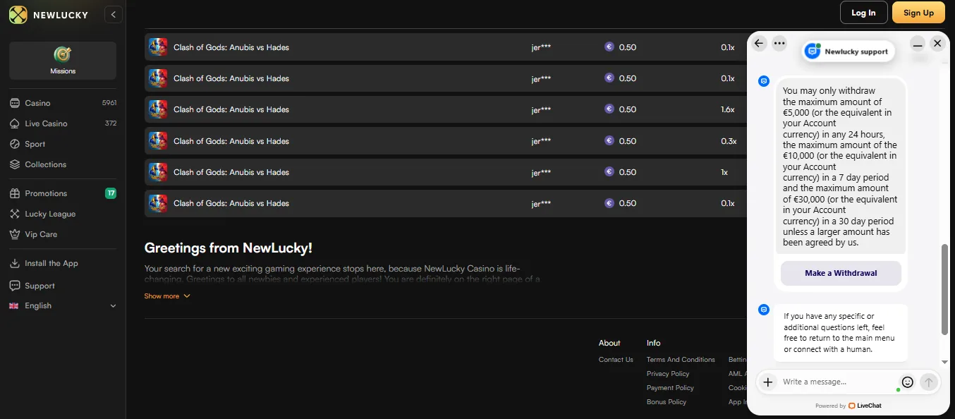 Screenshot of NewLucky Casino's live chat support window