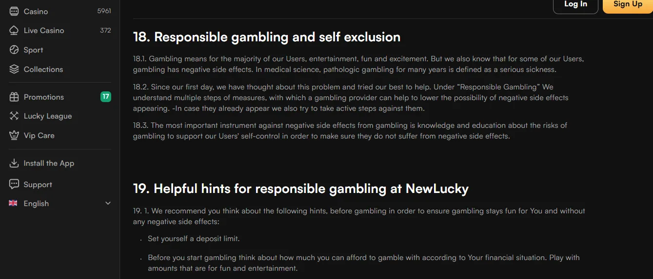 Screenshot of NewLucky Casino's responsible-gambling tools