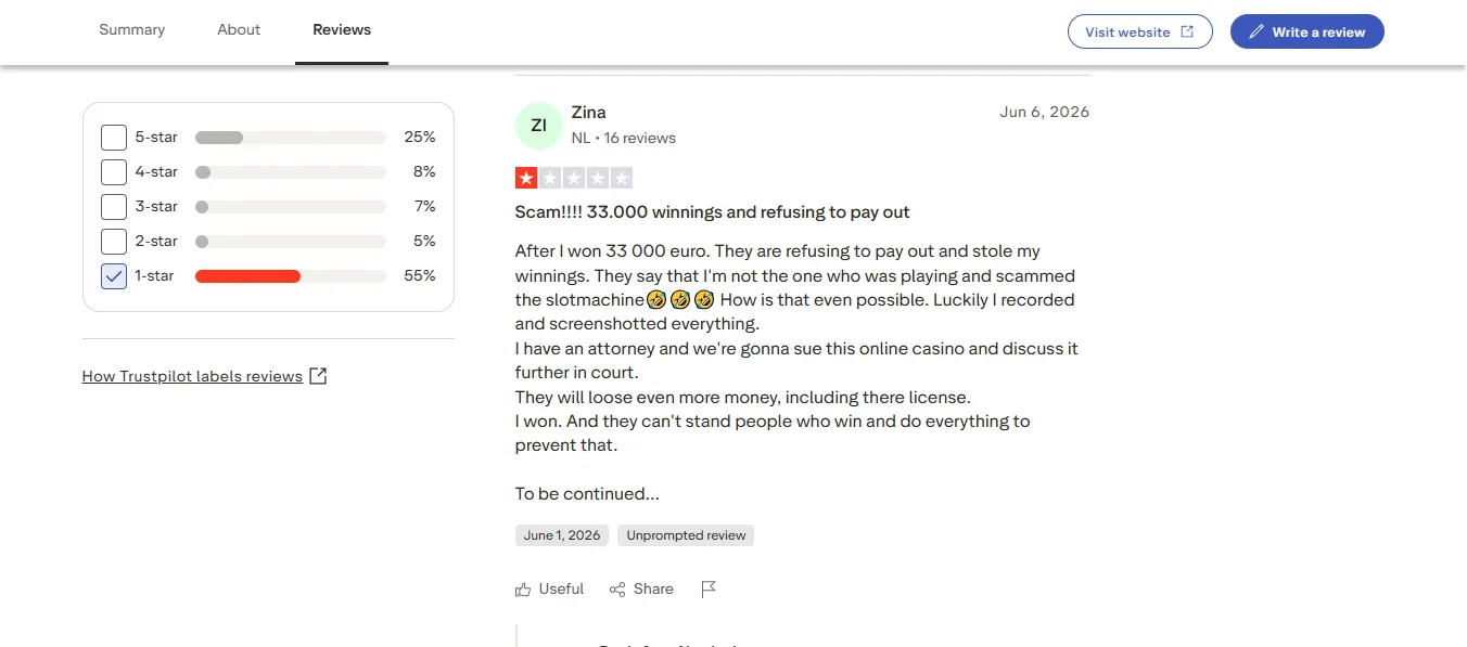 Screenshot of NewLucky Casino's negative Trustpilot review