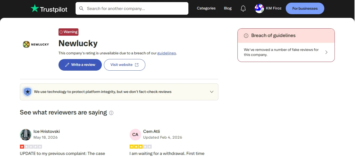 Screenshot of NewLucky Casino's Trustpilot rating overview