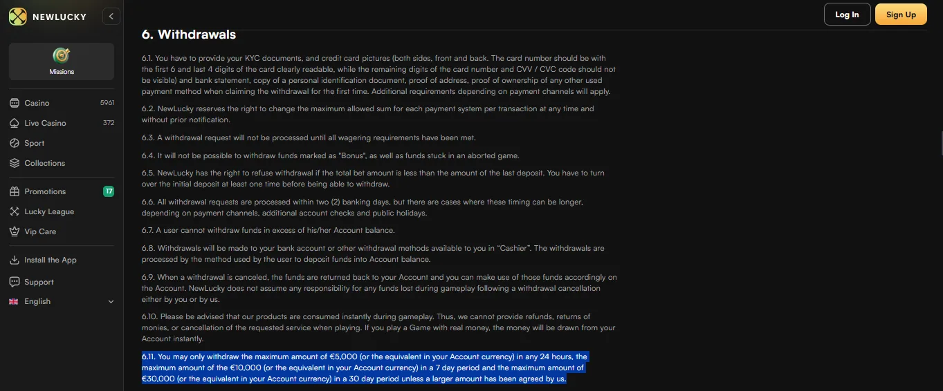 Screenshot of NewLucky Casino's withdrawal section and limits
