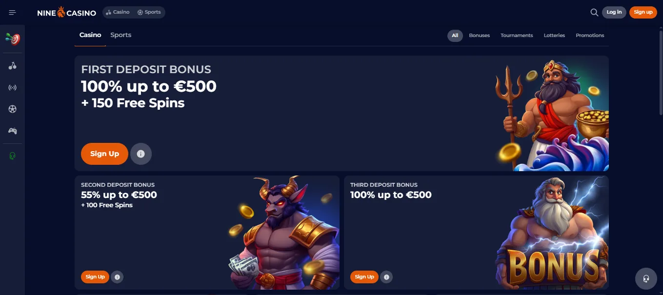 Screenshot of NineCasino's welcome bonus offer