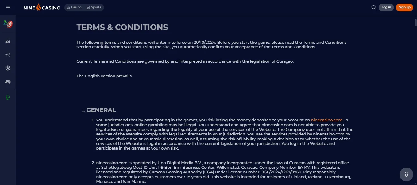 Screenshot of NineCasino's bonus terms and wagering requirements