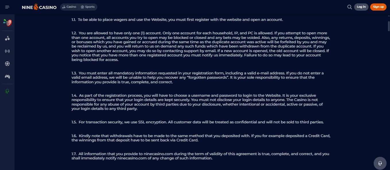Screenshot of NineCasino's cashier and payment methods