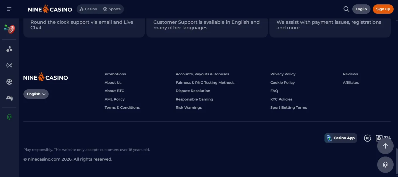 Screenshot of NineCasino's footer licence and regulator details