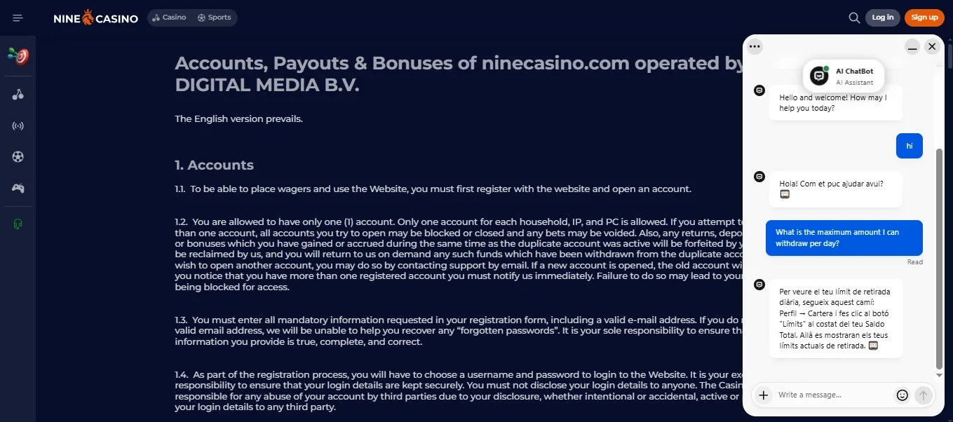 Screenshot of NineCasino's live chat support window