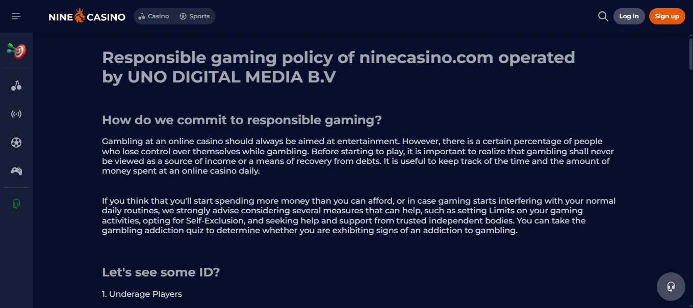 Screenshot of NineCasino's responsible-gambling tools