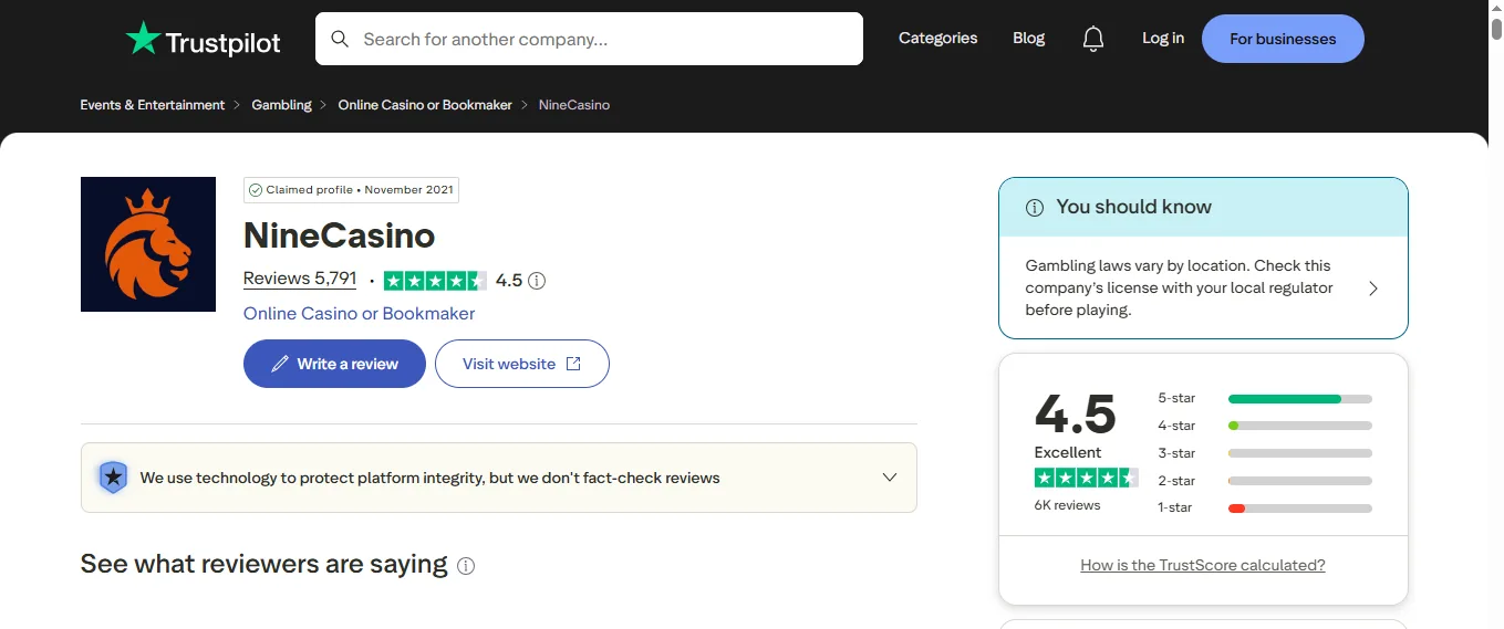 Screenshot of NineCasino's Trustpilot rating overview