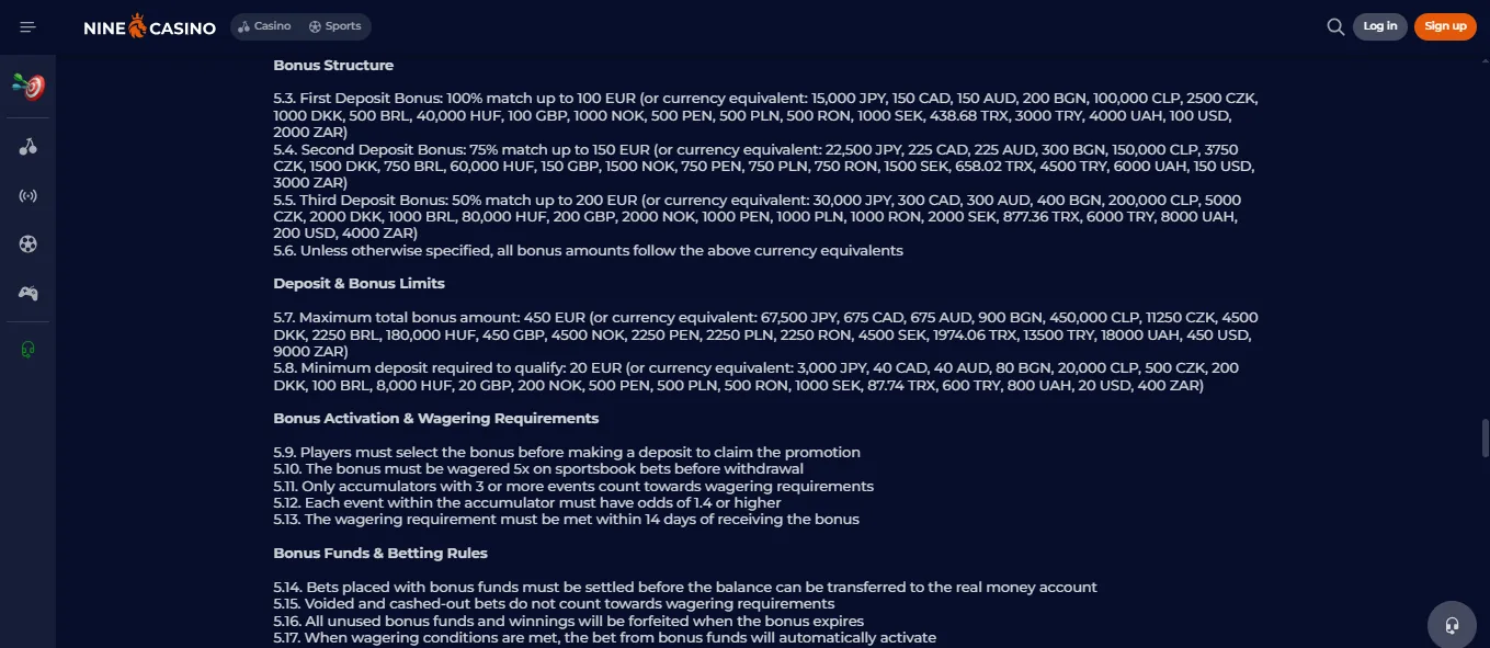 Screenshot of NineCasino's withdrawal section and limits