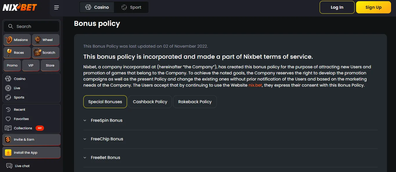 Screenshot of Nix Bet's bonus terms and wagering requirements