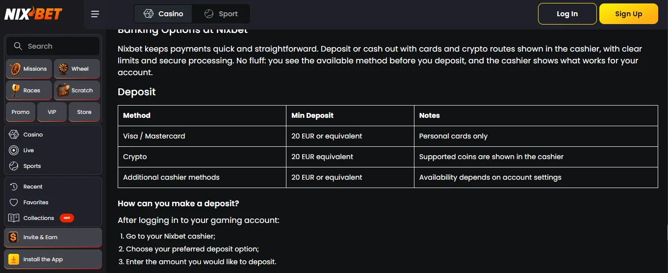 Screenshot of Nix Bet's cashier and payment methods