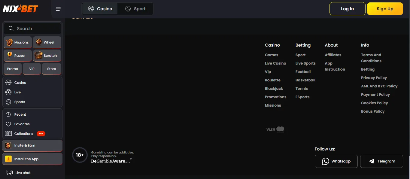 Screenshot of Nix Bet's footer licence and regulator details