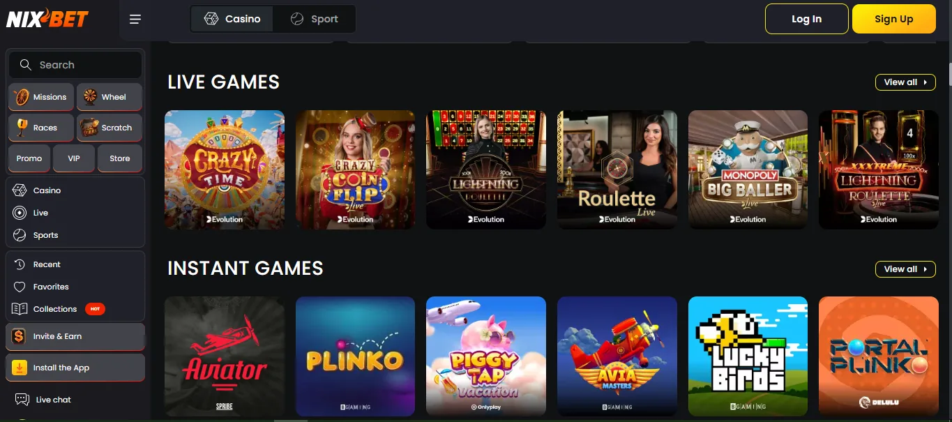 Screenshot of Nix Bet's games lobby