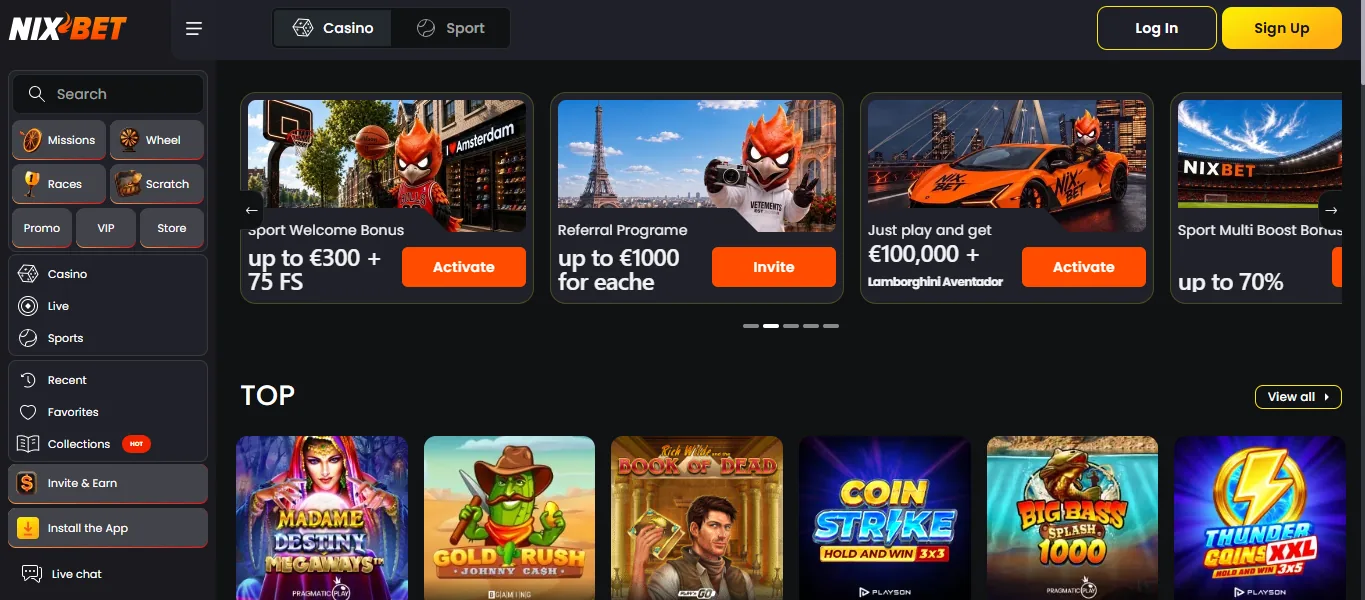 Screenshot of Nix Bet's homepage