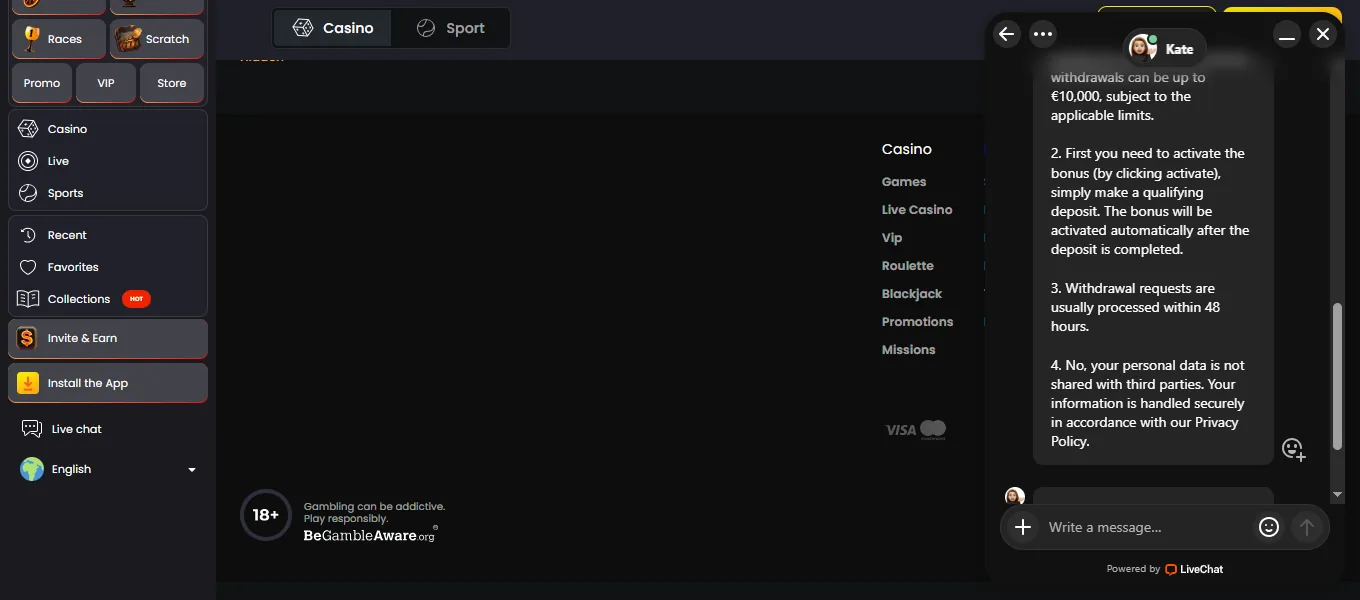 Screenshot of Nix Bet's live chat support window